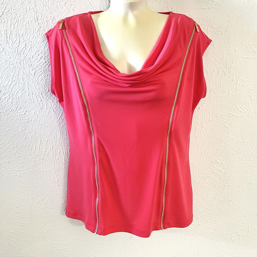 Calvin Klein Women Coral Salmon Orange Zipper Cowl Draped Neck Sleeveless Top M